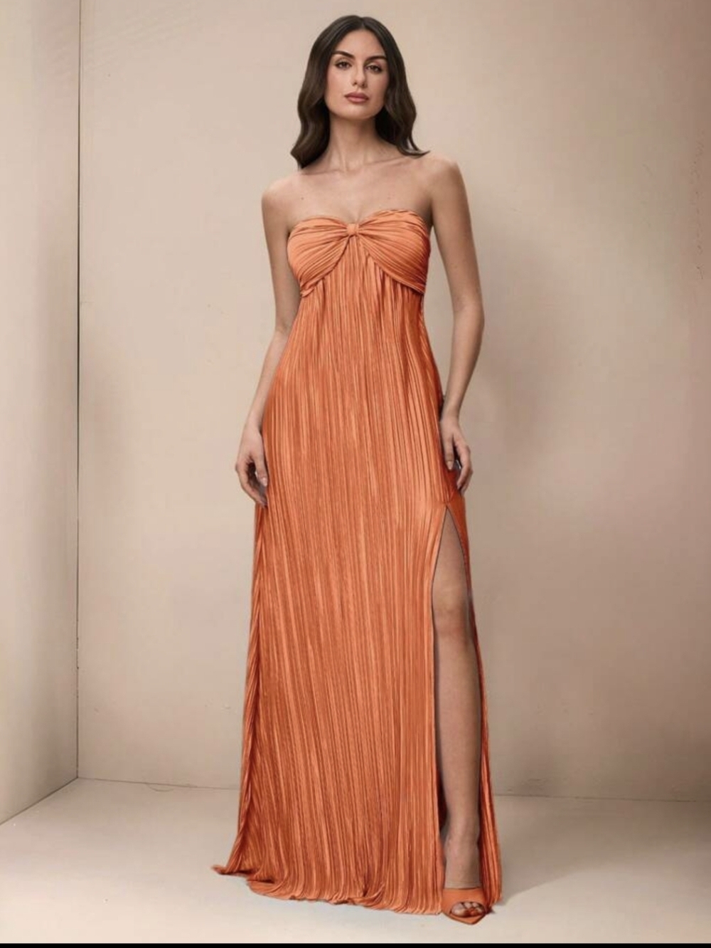 NWT Strapless Satin Orange Pleated Maxi Dress
